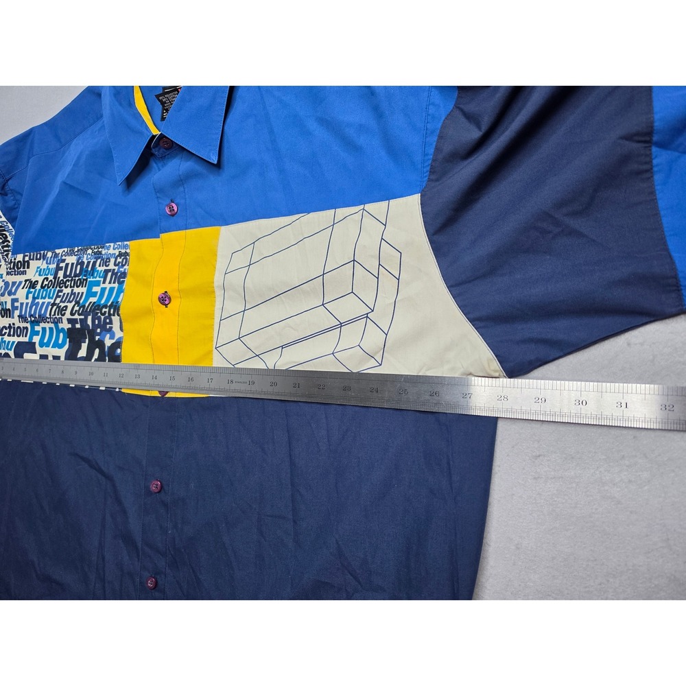 Vintage FUBU Shirt Men's 2XL Blue Colorblock Graphic Cotton Button-Up Retro Y2K - Picture 9 of 9